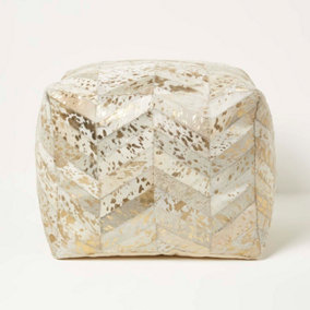 Homescapes Gold & Grey Geometric Diamond Leather Pouffe Bean Cube