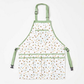 Homescapes Green and White Gardening Apron with Floral Bee Design