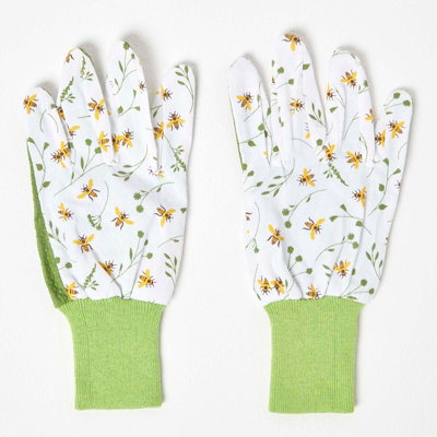 Homescapes Green and White Gardening Gloves with Floral Bee Design