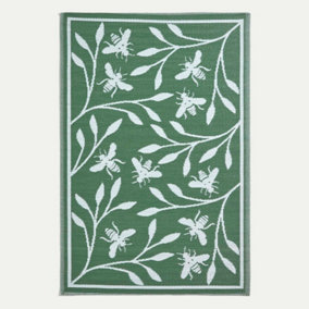 Homescapes Green Floral Outdoor Rug with Bumble Bee Design, 182 x 122 cm