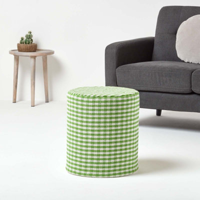 Homescapes Green Gingham Check Round Pouffe Cotton 40 x 42 cm