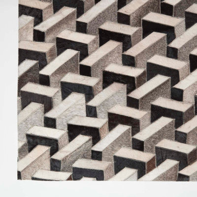 Homescapes Grey & Black Geometric Leather Rug, 90 x 150 cm