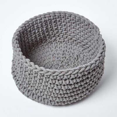 Homescapes Grey Cotton Knitted Round Storage Basket, 37 x 21 cm