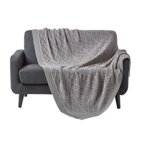 Homescapes Grey Diamond Cable Knit Cotton Throw, 130 x 170 cm