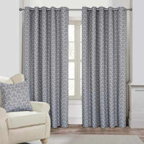 Homescapes Grey Geometric Jacquard Blackout Eyelet Curtain Pair, 46 x 72"