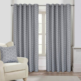 Homescapes Grey Geometric Jacquard Blackout Eyelet Curtain Pair, 66 x 72"