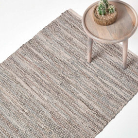 Homescapes Grey Real Leather Handwoven Diamond Pattern Rug, 150 x 240 cm