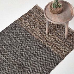 Homescapes Grey Recycled Leather Handwoven Herringbone Rug, 66 x 200 cm