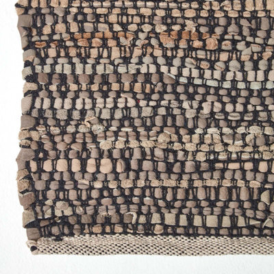Homescapes Grey Recycled Leather Handwoven Herringbone Rug, 66 x 200 cm