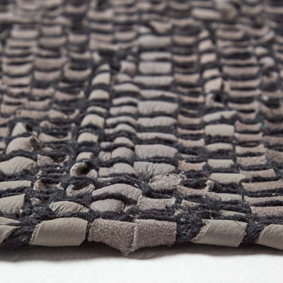 Homescapes Grey Recycled Leather Handwoven Herringbone Rug, 66 x 200 cm