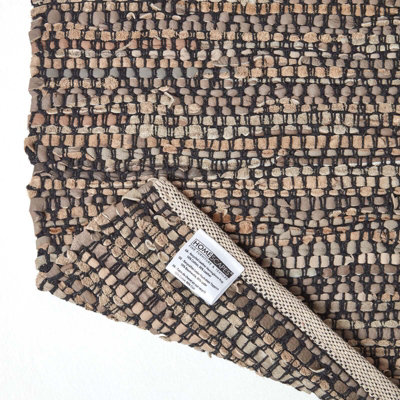 Homescapes Grey Recycled Leather Handwoven Herringbone Rug, 66 x 200 cm