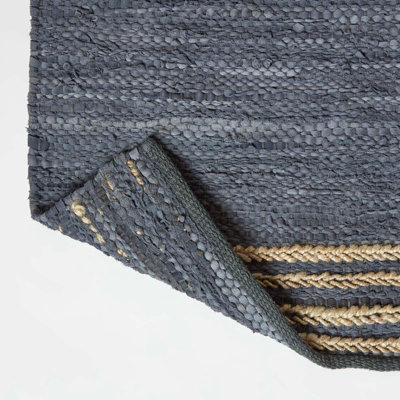 Homescapes Grey Recycled Leather Handwoven Stripe Rug, 160 x 230 cm