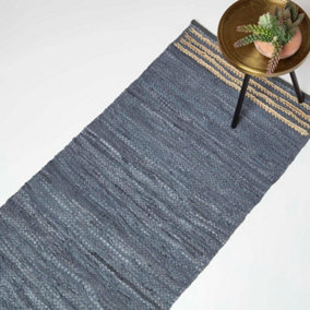 Homescapes Grey Recycled Leather Handwoven Stripe Rug, 66 x 200 cm