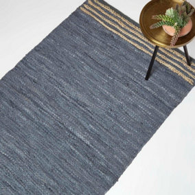 Homescapes Grey Recycled Leather Handwoven Stripe Rug, 90 x 150 cm