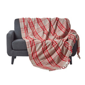 Homescapes Grey & Red Tartan Check Sofa and Bed Throw, 150 x 200 cm