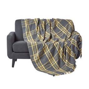 Homescapes Grey & Yellow Tartan Check Sofa and Bed Throw, 150 x 200 cm