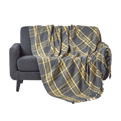 Homescapes Grey Yellow Tartan Check Sofa and Bed Throw 225 x 255 cm DIY at B Q