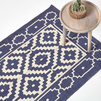 Homescapes Halmstad Blue and White Scandi Style 100% Cotton Printed Rug, 160 x 230 cm