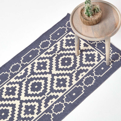 Homescapes Halmstad Blue and White Scandi Style 100% Cotton Printed Rug, 66 x 200 cm