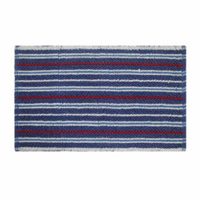 Homescapes Handloomed Striped Cotton Blue and Red Bath Mat