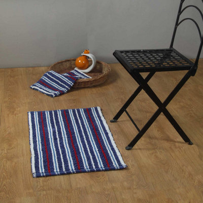 Homescapes Handloomed Striped Cotton Blue and Red Bath Mat