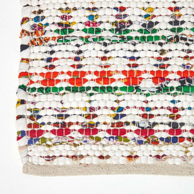 Homescapes Handwoven Multi Coloured 100% Cotton Diamond Chindi Rug, 120 ...