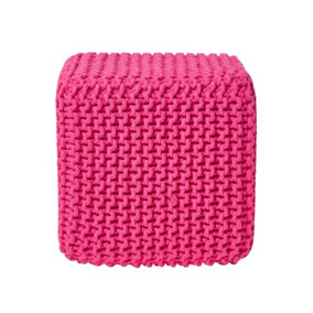 Homescapes Hot Pink Cube Cotton Knitted Pouffe Footstool