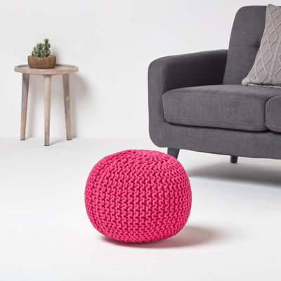 Homescapes Hot Pink Round Cotton Knitted Pouffe Footstool