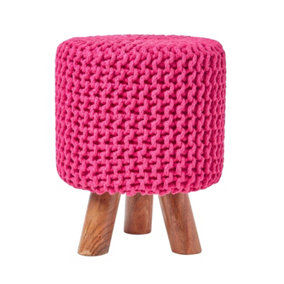 Homescapes Hot Pink Tall Cotton Knitted Footstool on Legs