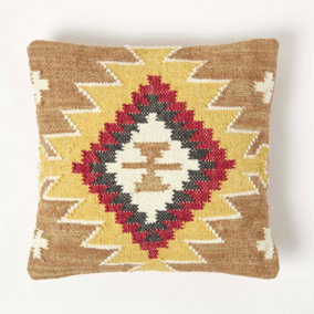 Homescapes Jaipur Handwoven Brown and Orange Kilim Cushion with Feather Filling