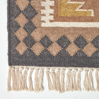 Homescapes Jaipur Handwoven Brown and Orange Patterned Kilim Wool Rug, 160 x 230 cm