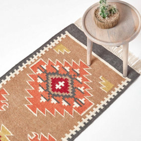 Homescapes Jaipur Handwoven Brown and Orange Patterned Kilim Wool Rug, 66 x 200 cm