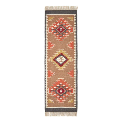 Homescapes Jaipur Handwoven Brown and Orange Patterned Kilim Wool Rug, 66 x 200 cm