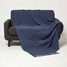Homescapes Kashi Navy Cotton Throw with Tassels 225 x 255 cm