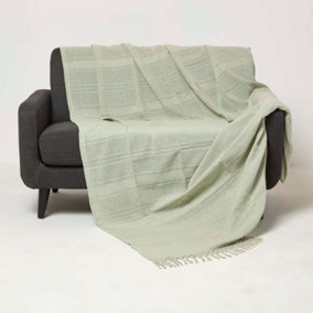 Homescapes Kashi Sage Green Cotton Throw with Tassels 225 x 360 cm