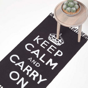Homescapes Keep Calm And Carry On Black White Rug Hand Woven Base, 60 x 100 cm