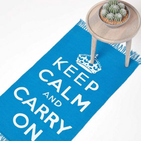 Homescapes Keep Calm And Carry On Blue White Rug Hand Woven Base, 60 x 100 cm