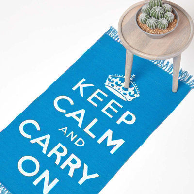 Homescapes Keep  Calm And Carry On Handwoven 100% Cotton Rug in Blue & White, 60 x 100 cm