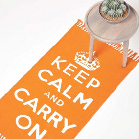 Homescapes Keep Calm And Carry On Orange White Rug Hand Woven Base, 60 x 100 cm