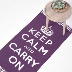 Homescapes Keep Calm And Carry On Purple White Rug Hand Woven Base, 60 x 100 cm