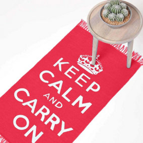 Homescapes Keep Calm And Carry On White Red Rug Hand Woven Base, 60 x 100 cm