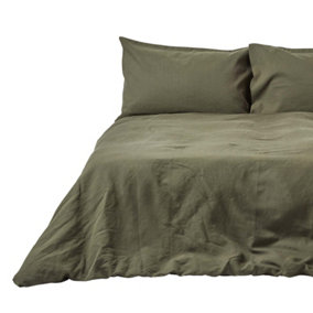 Homescapes Khaki Green European Linen Duvet Cover Set, 150 x 200 cm