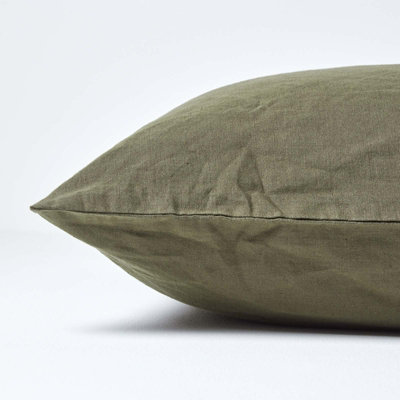 Homescapes Khaki Green European Linen Pillowcase, 80 x 80 cm