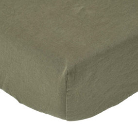 Homescapes Khaki Green Linen Fitted Sheet, Small Double