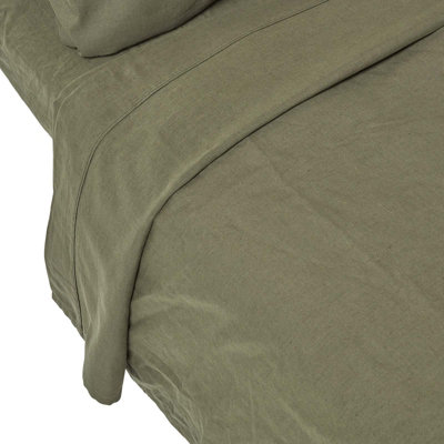 Homescapes Khaki Green Linen Flat Sheet, Double