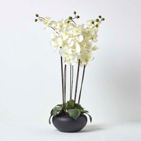 Homescapes Large Oriental Style Cream Orchids in Black Bowl