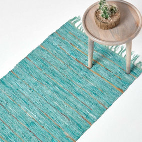 Homescapes Leather Glitter Rug Gold & Turquoise, 66 x 200cm Runner