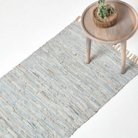 Homescapes Leather Glitter Rug Silver and Natural, 66 x 200cm Runner