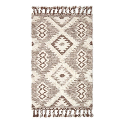Homescapes Lhasa Handwoven Brown and Cream Textured Diamond Pattern Kilim Wool Rug, 120 x 170 cm