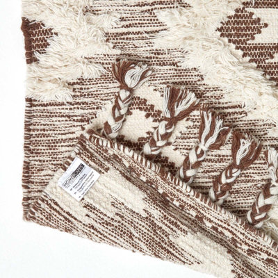 Homescapes Lhasa Handwoven Brown and Cream Textured Diamond Pattern Kilim Wool Rug, 120 x 170 cm